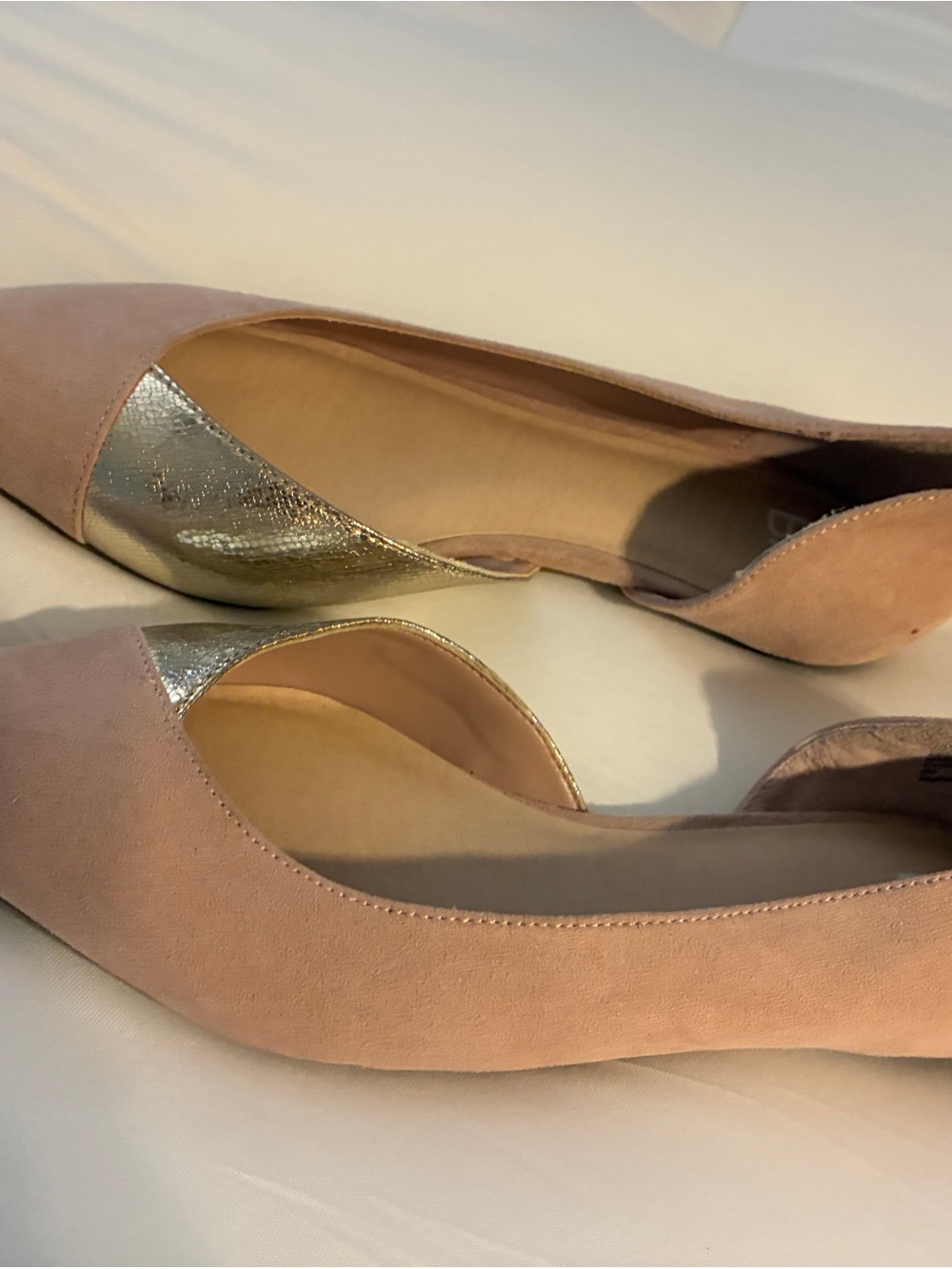 bp Blush Pink Pointed Toe Flats with Gold Trim